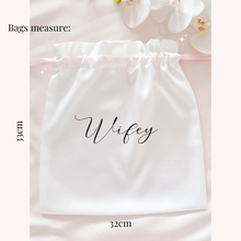 Load image into Gallery viewer, Personalised satin drawstring bride wedding bag with pearls