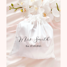 Load image into Gallery viewer, Personalised satin drawstring bride wedding bag with pearls