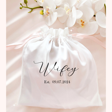 Load image into Gallery viewer, Personalised satin drawstring bride wedding bag with pearls