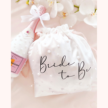 Load image into Gallery viewer, Personalised satin drawstring bride wedding bag with pearls