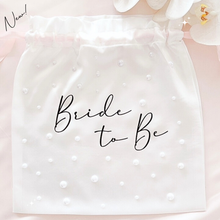 Load image into Gallery viewer, Personalised satin drawstring bride wedding bag with pearls