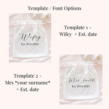 Load image into Gallery viewer, Personalised satin drawstring bride wedding bag with pearls