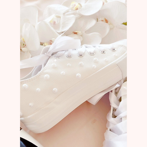 custom text half pearl bride wedding shoes sneakers 