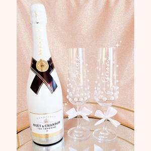 Custom pearl champagne flute glasses bride groom wedding glass