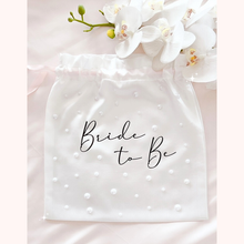 Load image into Gallery viewer, Personalised satin drawstring bride wedding bag with pearls