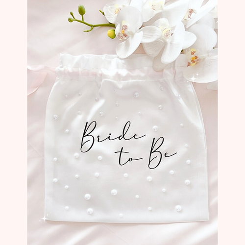 Personalised satin drawstring bride wedding bag with pearls
