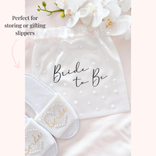 Load image into Gallery viewer, Personalised satin drawstring bride wedding bag with pearls