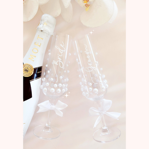 Custom pearl champagne flute glasses bride groom wedding glass