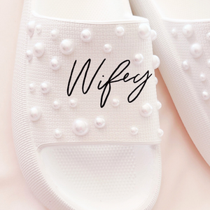 custom text slide slip on shoes with optional pearls